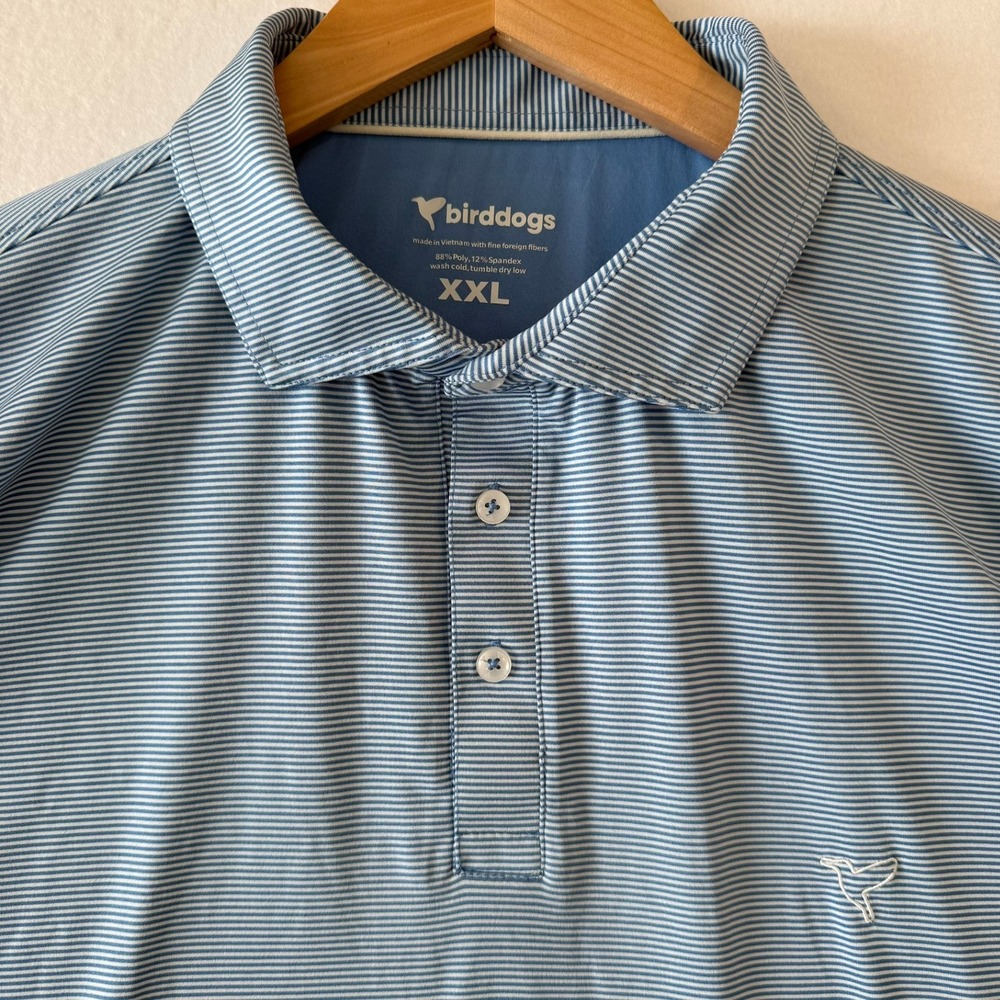 Birddogs Mens XXL Performance Golf Polo Shirt Blue White Micro Stripe Stretch